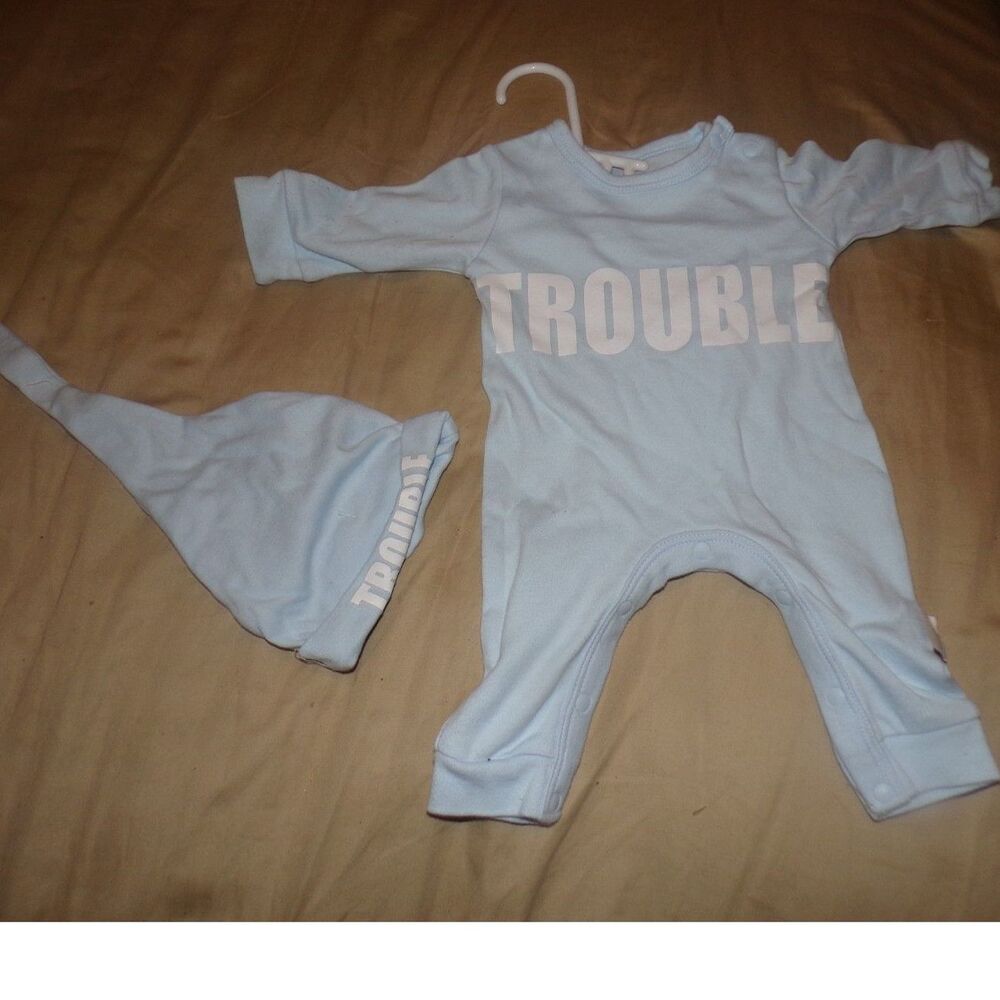 infant light blue sleeper romper with cap says Trouble size 0 to 3 months